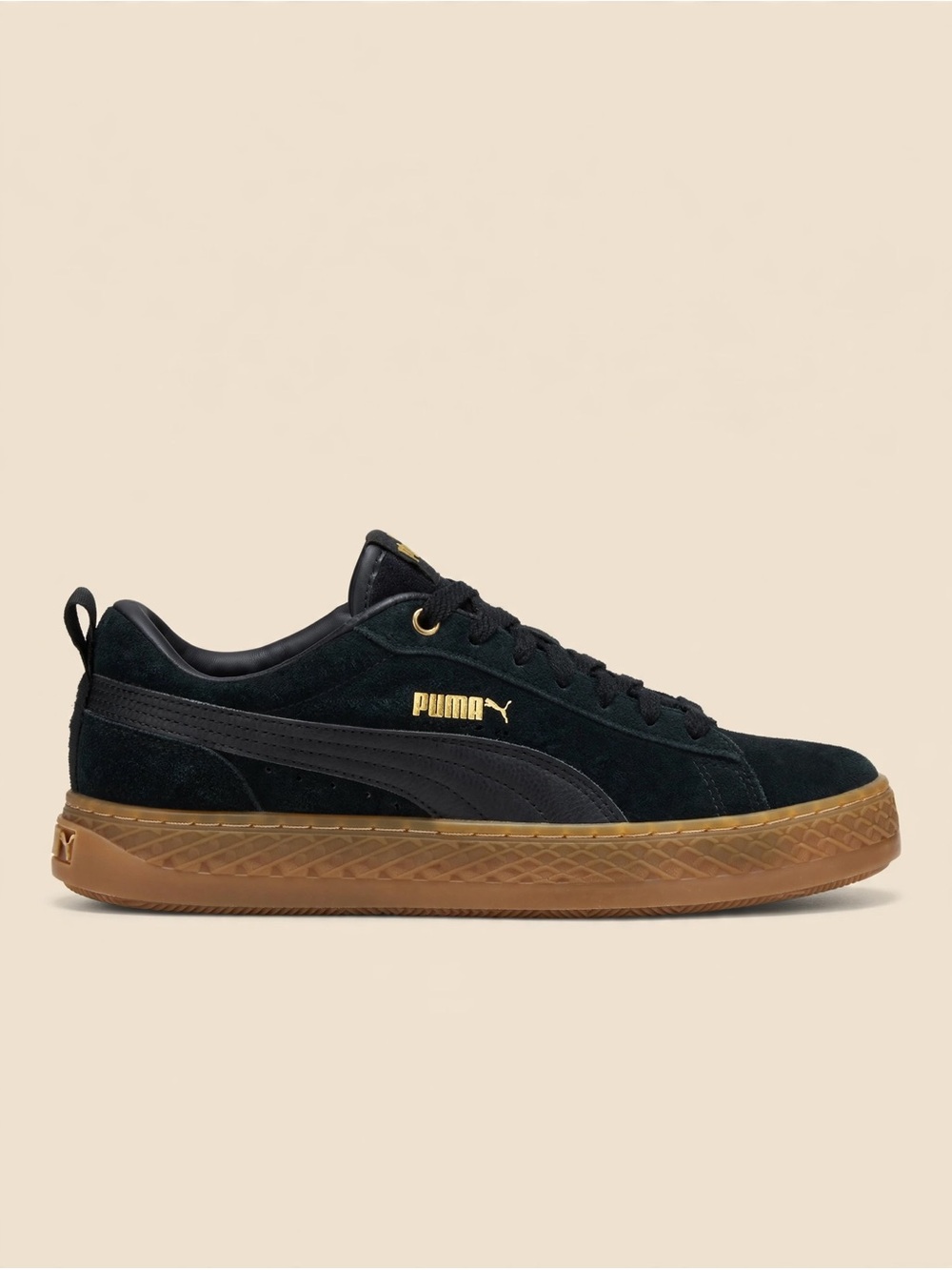 Puma Men’s Black Suede Sneakers with Gum Sole and Gold Accents